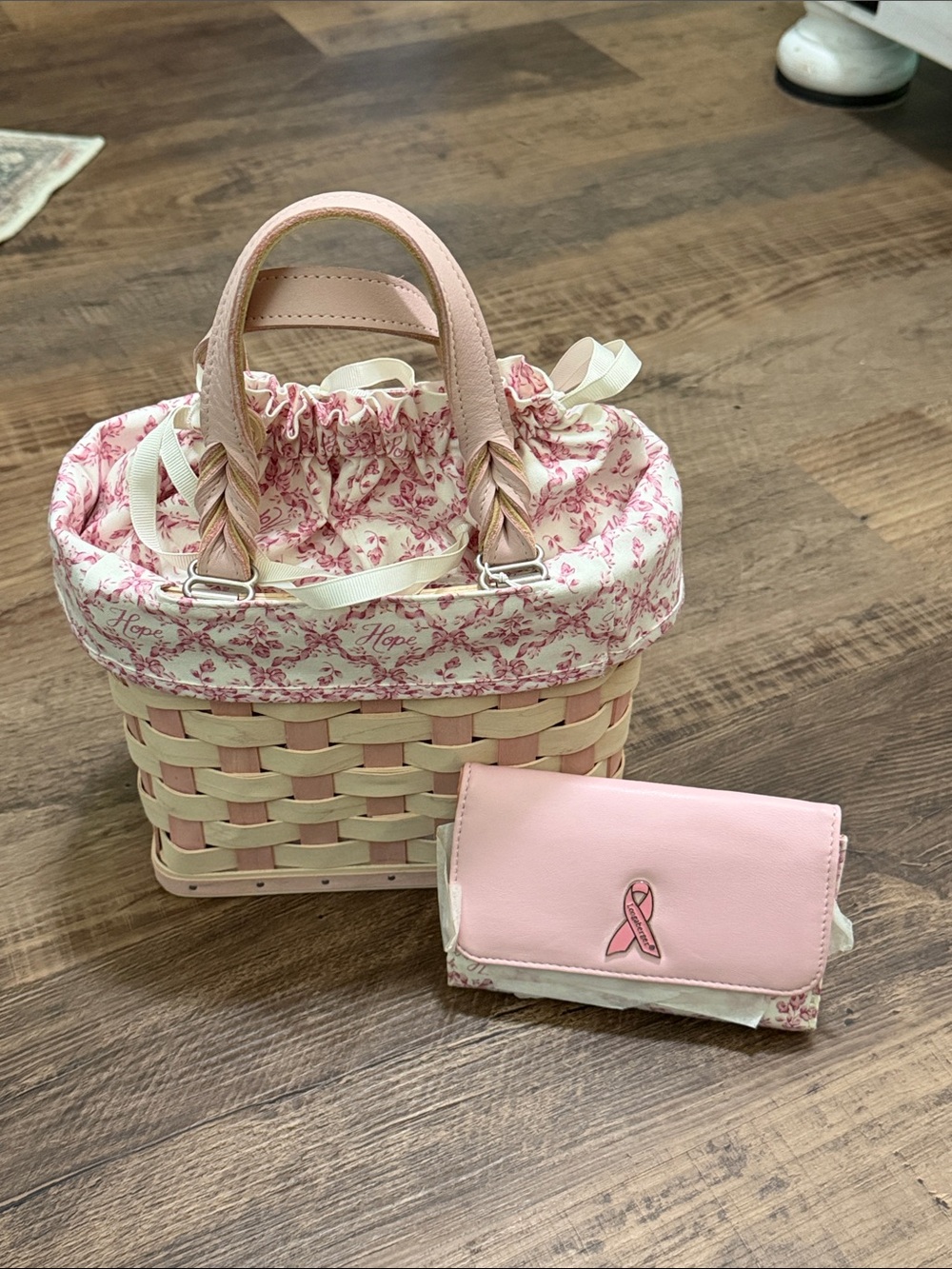 Longaberger Pink Woven Tote with Floral Drawstring Liner and Matching Wallet.